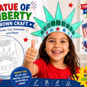 May include: A Statue of Liberty crown craft kit featuring a printable template with seven spikes and star accents. The kit includes instructions to color, cut, and assemble the paper crown, which is colored in shades of light green, red, and blue.