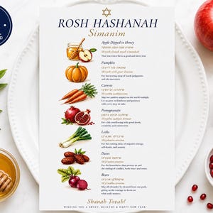 May include: A white rectangular card featuring the text Rosh Hashanah Simanim with illustrations of apple and honey, pumpkin, carrots, pomegranate, leeks, dates, and beets, each accompanied by Hebrew and English text describing symbolic meanings.