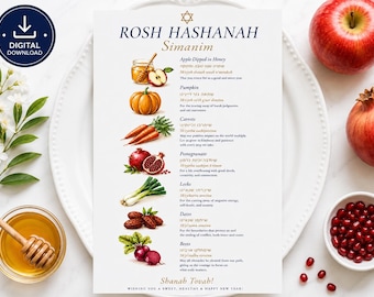 Rosh Hashanah Simanim Card Printable, Jewish New Year Table Decor, Traditional Seder Symbols, Rosh Hashanah Meal Prayer, Digital Download