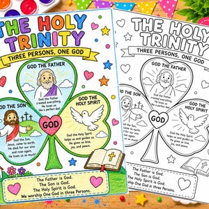 May include: Two educational coloring sheets titled The Holy Trinity, Three Persons, One God. One sheet is fully colored with a shamrock design featuring God the Father, God the Son, and the Holy Spirit as a dove. The other is a black and white outline.