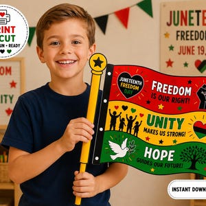 May include: A handheld flag featuring horizontal red, yellow, and green stripes with the text Juneteenth Freedom Day, Freedom Is Our Right, Unity Makes Us Strong, and Hope Guides Our Future, accompanied by illustrations of a fist, heart, and dove.