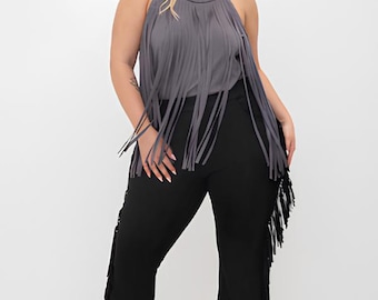 Plus Size Boho Chic High Waisted Fringe Flare Pants – Western Festival Cowgirl Style