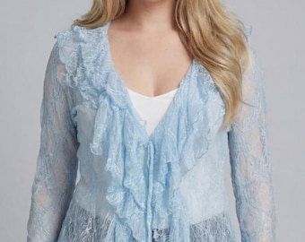 Leichte Spitze Rüschen Strickjacke | Schiere Boho Kimono | Cottage Kern Schichtung Top | Damen Boutique Strickjacke