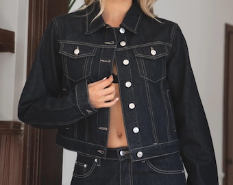 Dark Wash Denim Jacket, Women's Cropped Jean Jacket, Premium Black Indigo Denim, Western Chic Layering Jacket, Classic Button