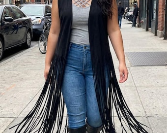 Chaleco estilo western de talla grande con flecos de imitación de gamuza