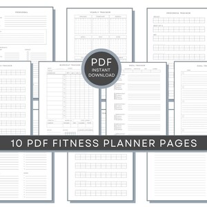 May include: Ten printable PDF pages for a fitness planner. The pages include sections for personal information, yearly tracking, progress tracking, workout tracking, meal tracking, and goal tracking.