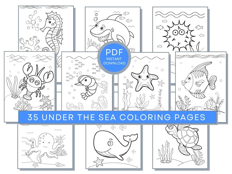 Puede incluir: Un conjunto de 35 p&aacute;ginas para colorear en blanco y negro con varias criaturas marinas, incluyendo un caballito de mar, un tibur&oacute;n, un pez globo, una estrella de mar, un pez, un cangrejo, un camar&oacute;n, un pulpo, una ballena y una tortuga. Las p&aacute;ginas est&aacute;n dise&ntilde;adas para que los ni&ntilde;os las coloreen y son perfectas para una actividad divertida y educativa.
