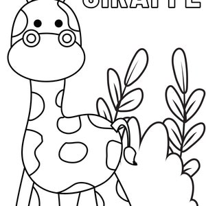 May include: A black and white line drawing of a giraffe with spots standing in front of some bushes. The word "GIRAFFE" is written in all caps above the giraffe.