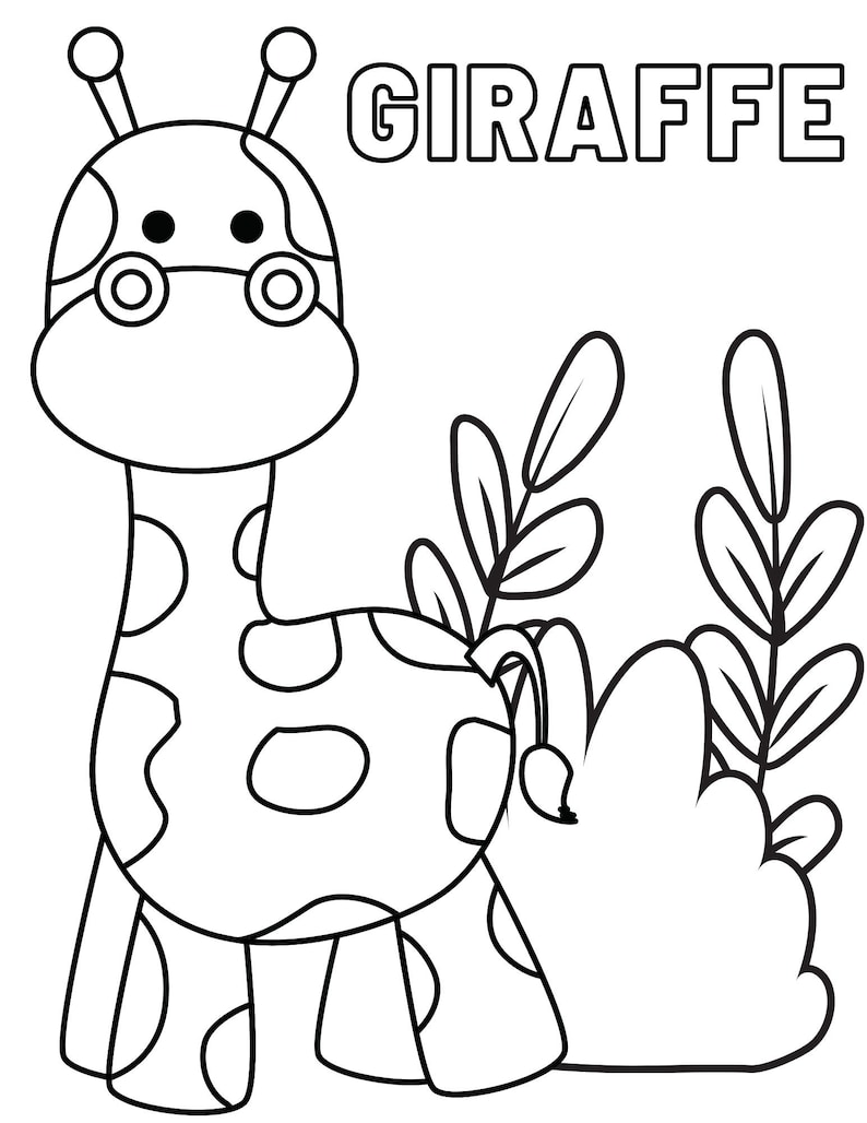May include: A black and white line drawing of a giraffe with spots standing in front of some bushes. The word "GIRAFFE" is written in all caps above the giraffe.