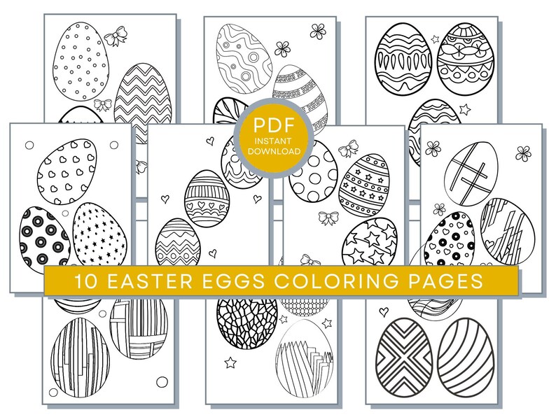 Pode incluir: Dez p&aacute;ginas para colorir em preto e branco com ovos de P&aacute;scoa com diferentes padr&otilde;es. As p&aacute;ginas est&atilde;o prontas para serem impressas e coloridas.