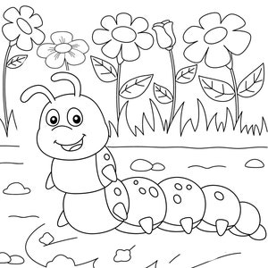 K&ouml;nnte beinhalten: Eine Schwarzwei&szlig;-Zeichnung einer Cartoon-Raupe, die auf dem Boden in der N&auml;he einiger Blumen kriecht. Die Raupe hat ein l&auml;chelndes Gesicht und einen segmentierten K&ouml;rper. Die Blumen sind einfach und haben jeweils f&uuml;nf Bl&uuml;tenbl&auml;tter.