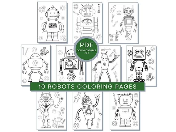 Robot Coloring Pages For Kids: 10 PDF Cute Robot Printables, Robots Birthday Activity Pages, Robotic Boys Coloring Pages, Boys Coloring Page