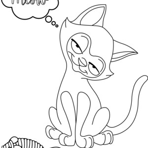 May include: Black and white cartoon illustration of a cat with a thought bubble that says "Meow". The cat is sitting with a smug expression, and a mouse toy is in front of it.