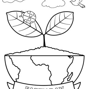 May include: A black and white illustration of a plant growing out of the Earth with a ladybug on a leaf. The Earth is surrounded by a banner that says "EARTH DAY".