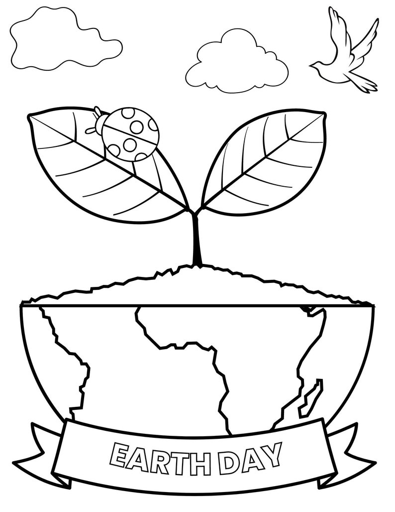 May include: A black and white illustration of a plant growing out of the Earth with a ladybug on a leaf. The Earth is surrounded by a banner that says "EARTH DAY".