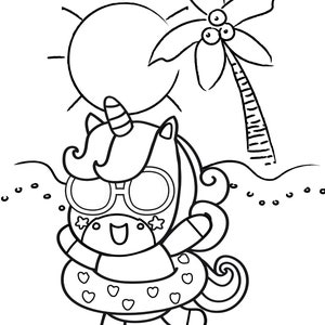 Peut inclure: Un dessin au trait noir et blanc d'une licorne portant des lunettes de soleil et une bou&eacute;e en forme de c&oelig;ur, flottant dans l'oc&eacute;an avec un palmier et le soleil en arri&egrave;re-plan.