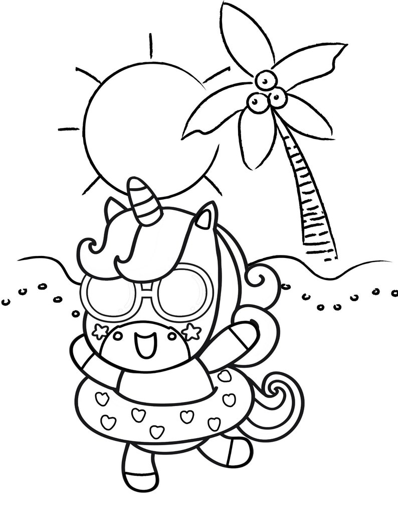Peut inclure: Un dessin au trait noir et blanc d'une licorne portant des lunettes de soleil et une bou&eacute;e en forme de c&oelig;ur, flottant dans l'oc&eacute;an avec un palmier et le soleil en arri&egrave;re-plan.