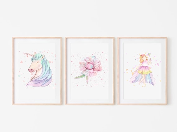 Unicorn and Princess Wall Art, Set of 3, Unicorn Printable Art, Unicorn Print, Unicorn Decor, Girls Room Decor, Unicorn Art