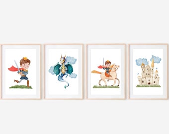 Knights and Dragons Wall Art (Set of 4), Knight Printable Art, Knight Print, Knight Decor, Knight Wall Decor, Boys Room Decor, Dragon Art