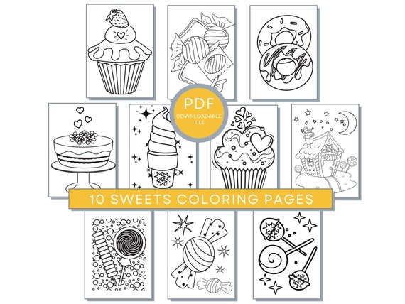 Sweets Coloring Pages For Kids, Sweets Printable, Coloring Pages of Ice Cream, Cup Cakes Coloring, Lollipops Coloring, Candy Coloring Pages