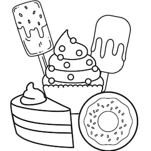 May include: A black and white line drawing of a cupcake, a slice of cake, a doughnut, and two ice lollies. The cupcake has a swirl of frosting and sprinkles. The cake has frosting and three layers. The doughnut has sprinkles. The ice lollies have a drip of chocolate.