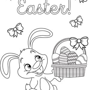 May include: A black and white line drawing of a bunny rabbit holding a basket of Easter eggs. The bunny is smiling and has a long, floppy ear. The basket is full of eggs with different patterns. The text "Happy Easter!" is written above the bunny.