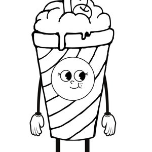 May include: A black and white cartoon illustration of a milkshake with a cherry on top and a straw. The milkshake has a smiling face and arms and legs.