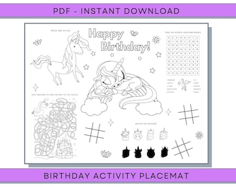 Birthday Placemat, Birthday Coloring Pages, Unicorn Birthday Placemat, Happy Birthday Placemat, Birthday Digital Placemat, Unicorn Placemat