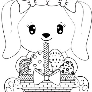 May include: A black and white line drawing of a bunny rabbit wearing a bow holding a basket of Easter eggs. The basket is woven and has a bow on top. The eggs are decorated with different patterns.