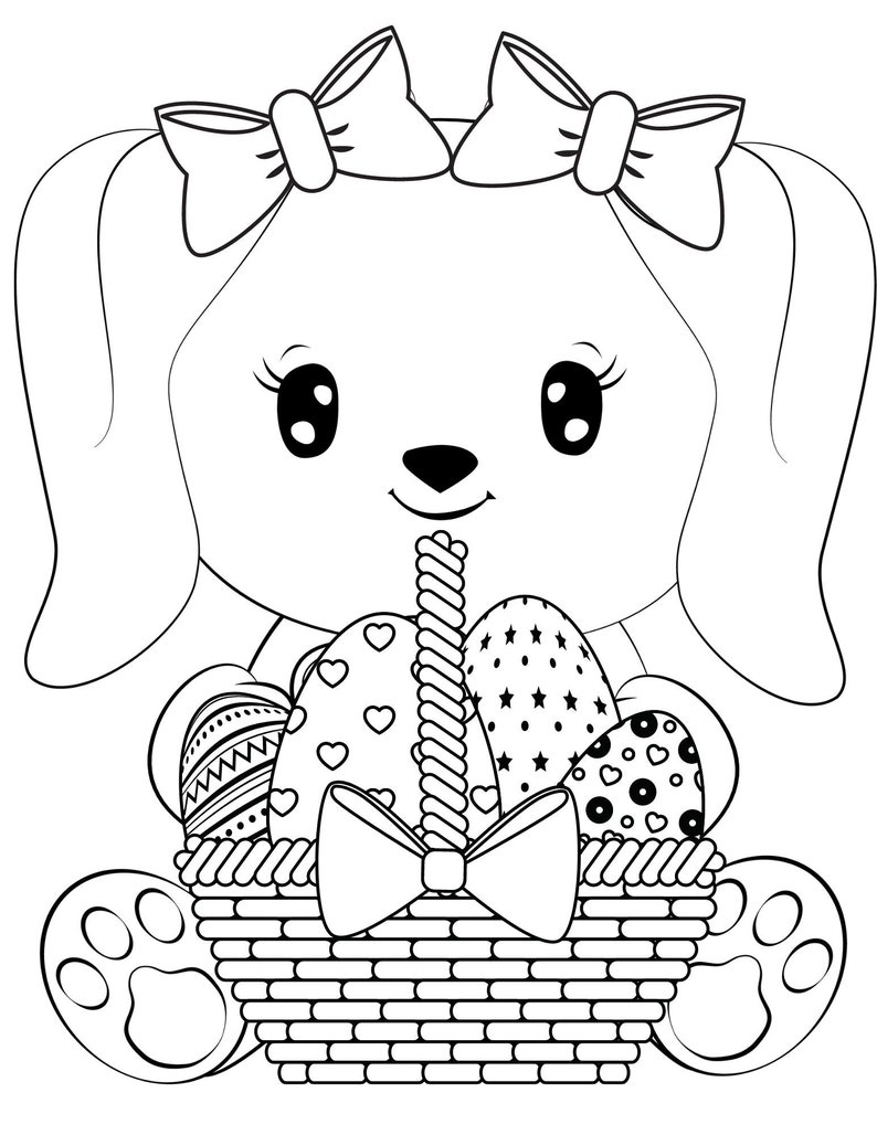 May include: A black and white line drawing of a bunny rabbit wearing a bow holding a basket of Easter eggs. The basket is woven and has a bow on top. The eggs are decorated with different patterns.