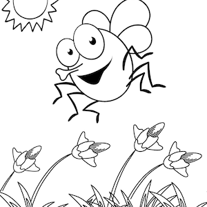 K&ouml;nnte beinhalten: Eine Schwarzwei&szlig;-Cartoon-Illustration einer Fliege mit gro&szlig;en Augen und einem L&auml;cheln, die &uuml;ber einem Feld mit Gras und Blumen fliegt. Die Sonne scheint am Himmel.