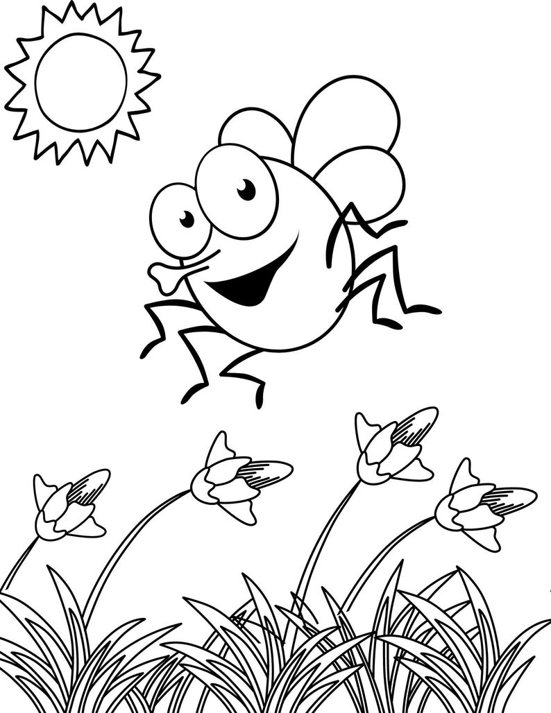 K&ouml;nnte beinhalten: Eine Schwarzwei&szlig;-Cartoon-Illustration einer Fliege mit gro&szlig;en Augen und einem L&auml;cheln, die &uuml;ber einem Feld mit Gras und Blumen fliegt. Die Sonne scheint am Himmel.