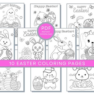 Pode incluir: Dez p&aacute;ginas para colorir em preto e branco com temas de P&aacute;scoa. As p&aacute;ginas incluem coelhos, pintinhos, ovos, cestas e o texto "Feliz P&aacute;scoa!"