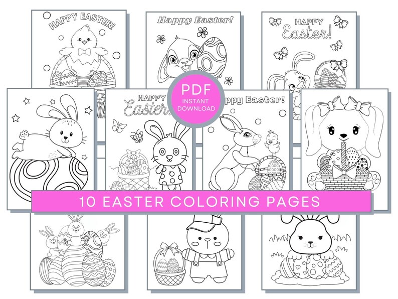 Pode incluir: Dez p&aacute;ginas para colorir em preto e branco com temas de P&aacute;scoa. As p&aacute;ginas incluem coelhos, pintinhos, ovos, cestas e o texto "Feliz P&aacute;scoa!"