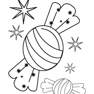 May include: A black and white line drawing of two candy pieces with a swirl design. The candy pieces are surrounded by small stars.
