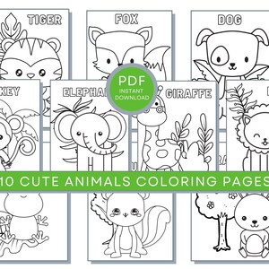 May include: Ten black and white coloring pages featuring cute animal illustrations. The animals include a monkey, tiger, fox, dog, elephant, giraffe, lion, frog, squirrel, and rabbit.