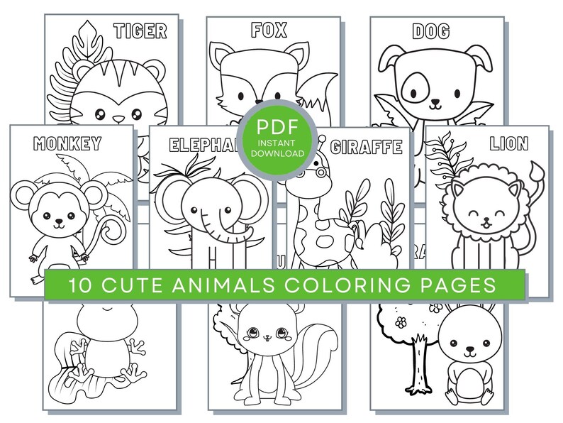 May include: Ten black and white coloring pages featuring cute animal illustrations. The animals include a monkey, tiger, fox, dog, elephant, giraffe, lion, frog, squirrel, and rabbit.