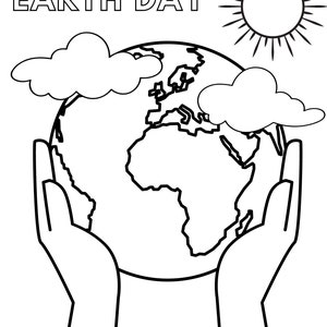 May include: A black and white line drawing of two hands holding a globe with clouds and a sun in the background. The text "EARTH DAY" is at the top of the image.