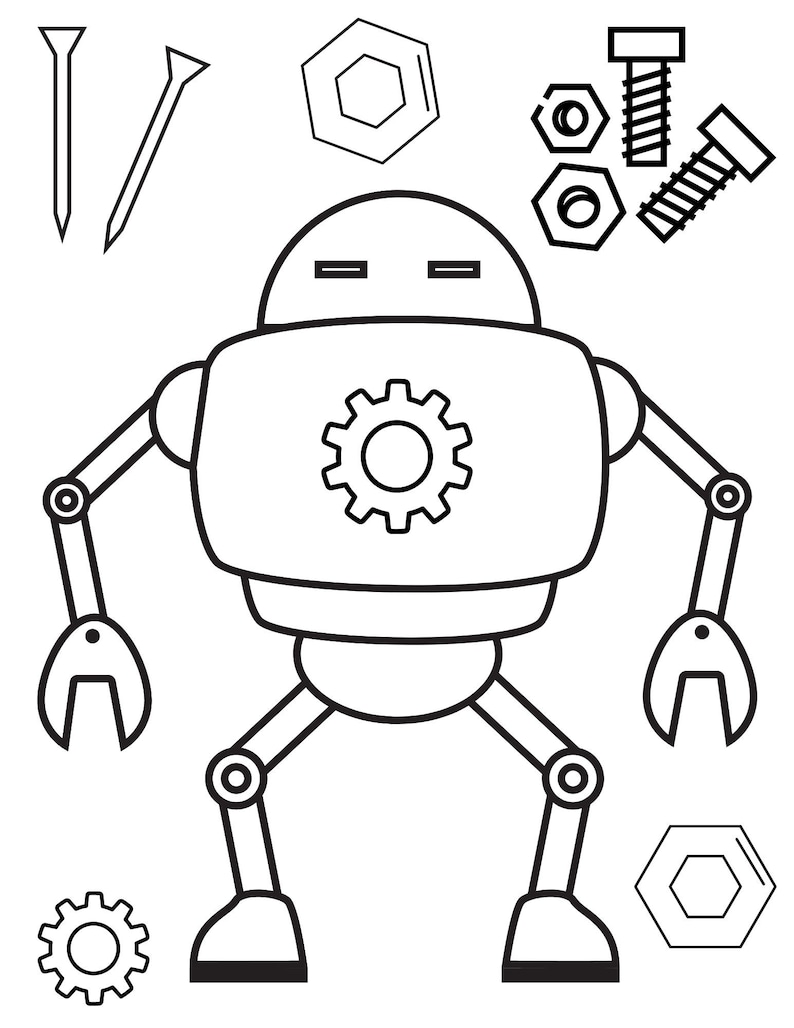 May include: A black and white line drawing of a robot with gears and bolts. The robot has a round head with two eyes and a gear in the center of its chest. The robot has two arms with hands that look like wrenches and two legs with feet.