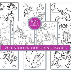 May include: A set of 20 black and white unicorn coloring pages. The pages feature unicorns in various poses, including sleeping, standing, and running. Some pages include stars, rainbows, and clouds.