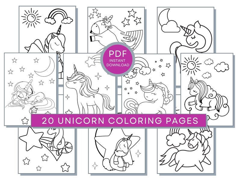 May include: A set of 20 black and white unicorn coloring pages. The pages feature unicorns in various poses, including sleeping, standing, and running. Some pages include stars, rainbows, and clouds.