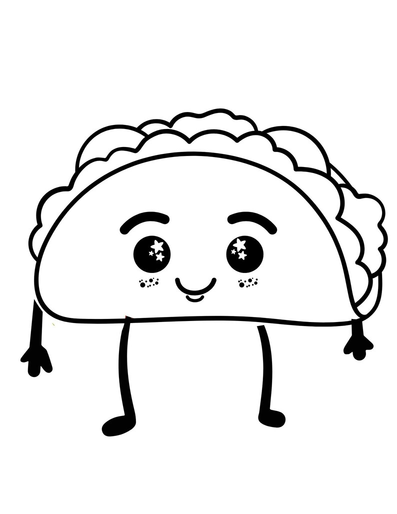 May include: A black and white line drawing of a cartoon taco with a smiling face and sparkling eyes. The taco has two legs and two arms.