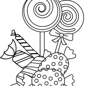 May include: A black and white illustration of a variety of candies, including lollipops and wrapped candies. The lollipops have a spiral design and the wrapped candies have polka dots.
