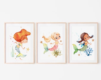 Mermaid Wall Art Set of 3, Mermaid Printable Art, Mermaid Print, Mermaid Decor, Mermaid Wall Decor, Girls Room Decor, Mermaid Art