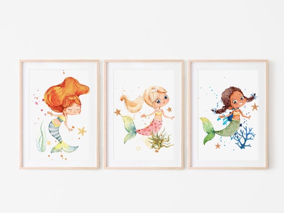 Mermaid Wall Art Set of 3, Mermaid Printable Art, Mermaid Print, Mermaid Decor, Mermaid Wall Decor, Girls Room Decor, Mermaid Art