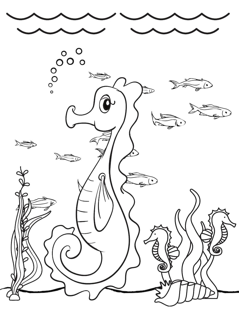 May include: A black and white line drawing of a seahorse swimming in the ocean. The seahorse is surrounded by smaller fish and bubbles. There are also seaweed plants in the background.