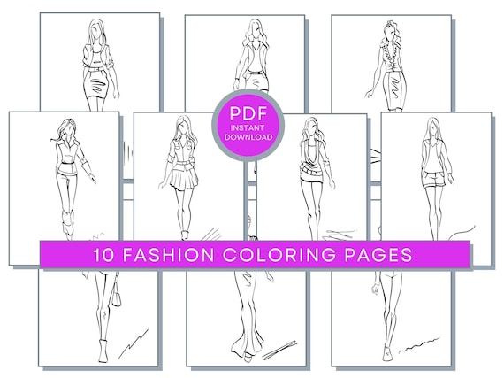 10 Fashion Coloring Pages: Fashion PDF, Fashion Printable, Fashion Coloring Sheets, Fashion Coloring PDF, Fashion Design Illustration