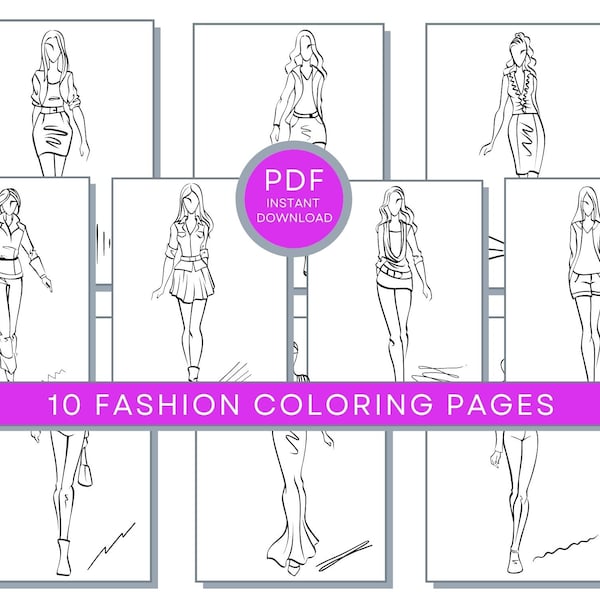 10 Fashion Coloring Pages: Fashion PDF, Fashion Printable, Fashion Coloring Sheets, Fashion Coloring PDF, Fashion Design Illustration