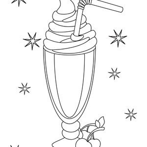 May include: A black and white line drawing of a milkshake with whipped cream, a straw, and two cherries. The milkshake is in a tall glass with a rounded base. There are stars around the milkshake.