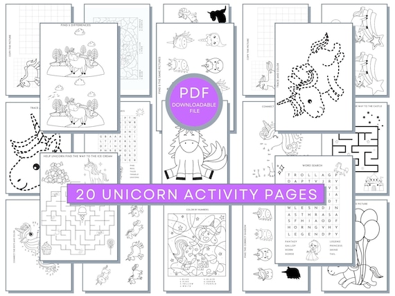 Unicorn Activity Pages, Unicorn Printables, Mazes, Word Searches, Color By Numbers, Find the Shadow, Copy the Picture & Connect The Dots